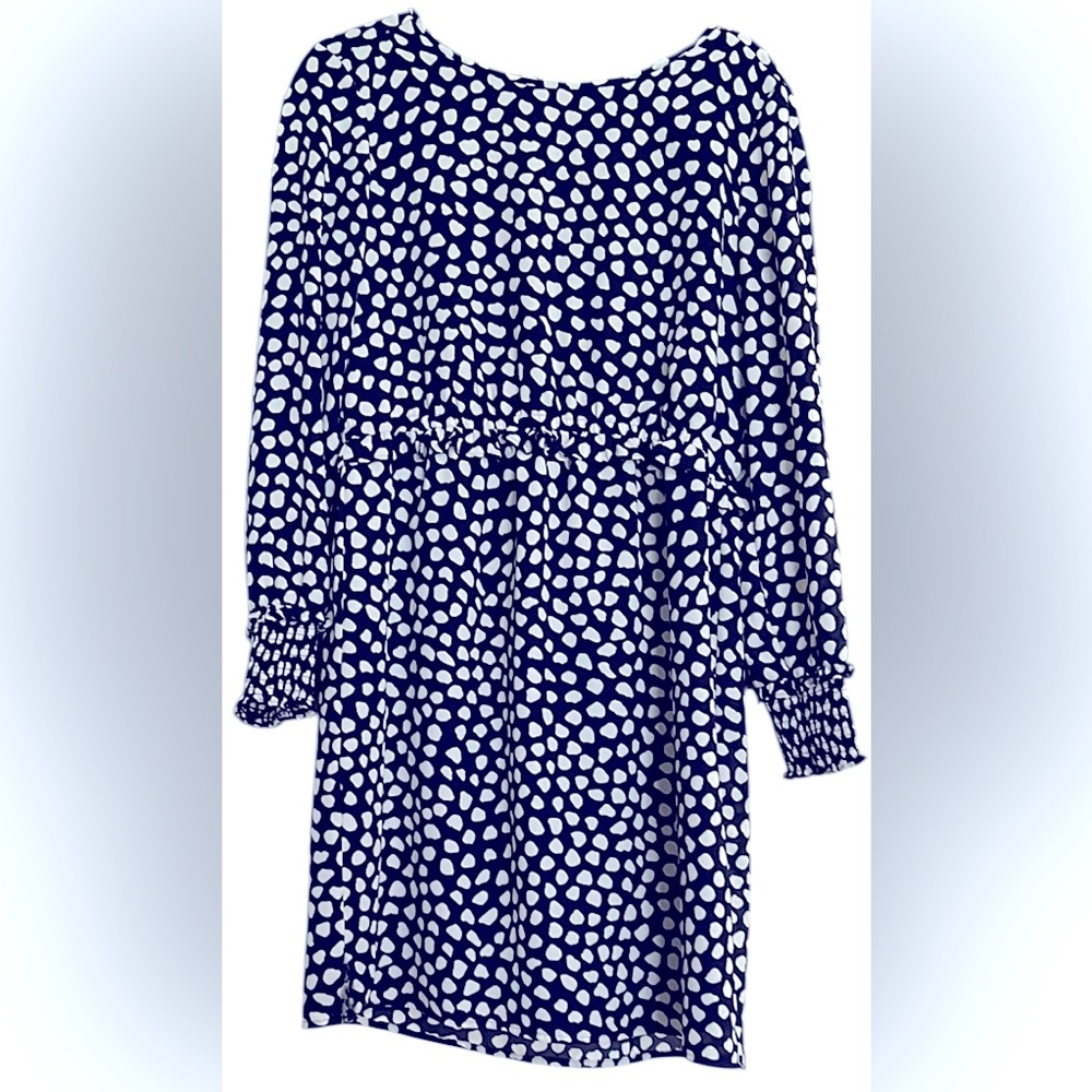 J CREW Navy Blue/White Elasticized Ruffle Waist, Long Sleeve Dress, Sz 8, EUC.
